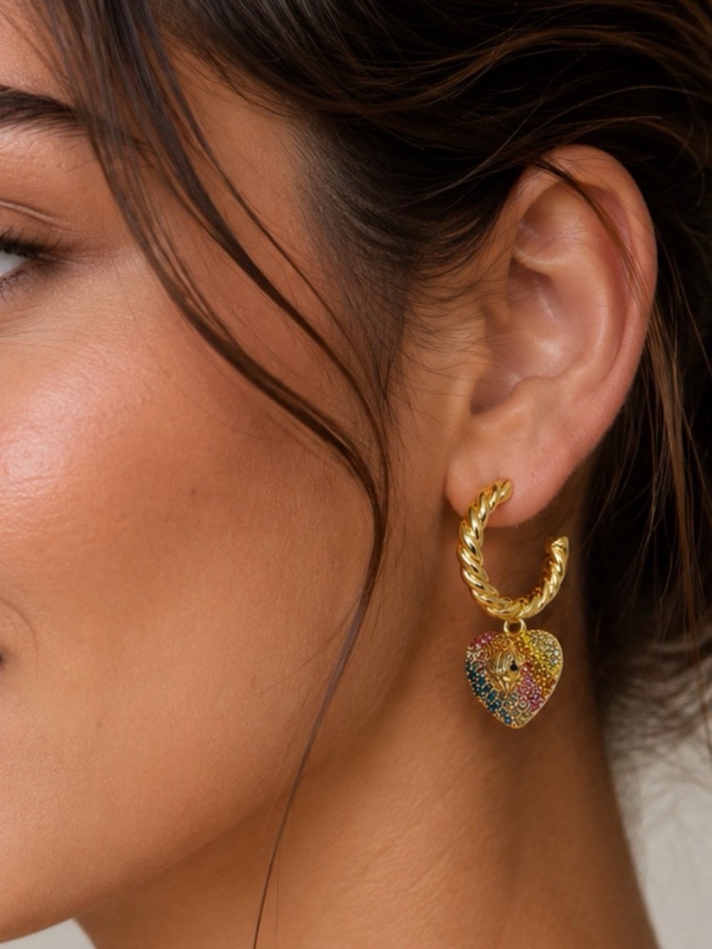 Kurt Geiger Gold Twisted Hoop Earring with Rainbow Crystal Heart Charm. NEW